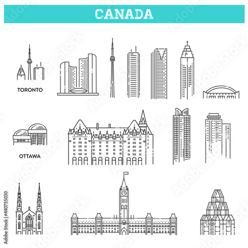 Fototapeta Naklejka Na Ścianę i Meble -  Canada. Vector icon set representing global tourist american landmarks and travel destinations for vacations