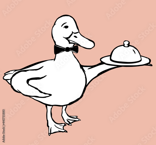 A duck waiter with a bow tie holding a plate in the wing.