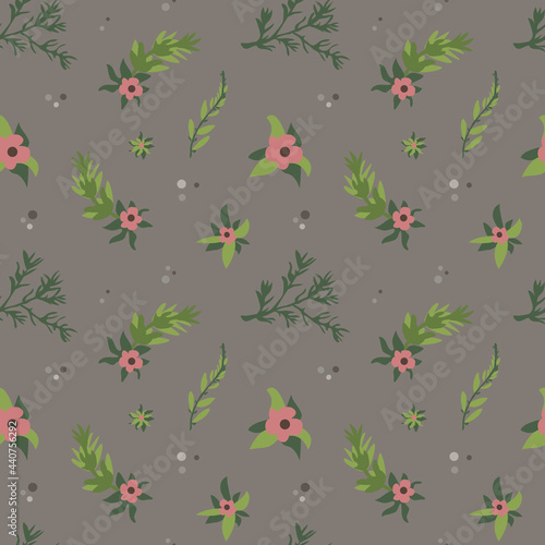 Floral seamless pattern. Wildflower vector textile ornament. Beautiful flat background. Floral wrapping paper. Pink flowers with leaves on grey background.