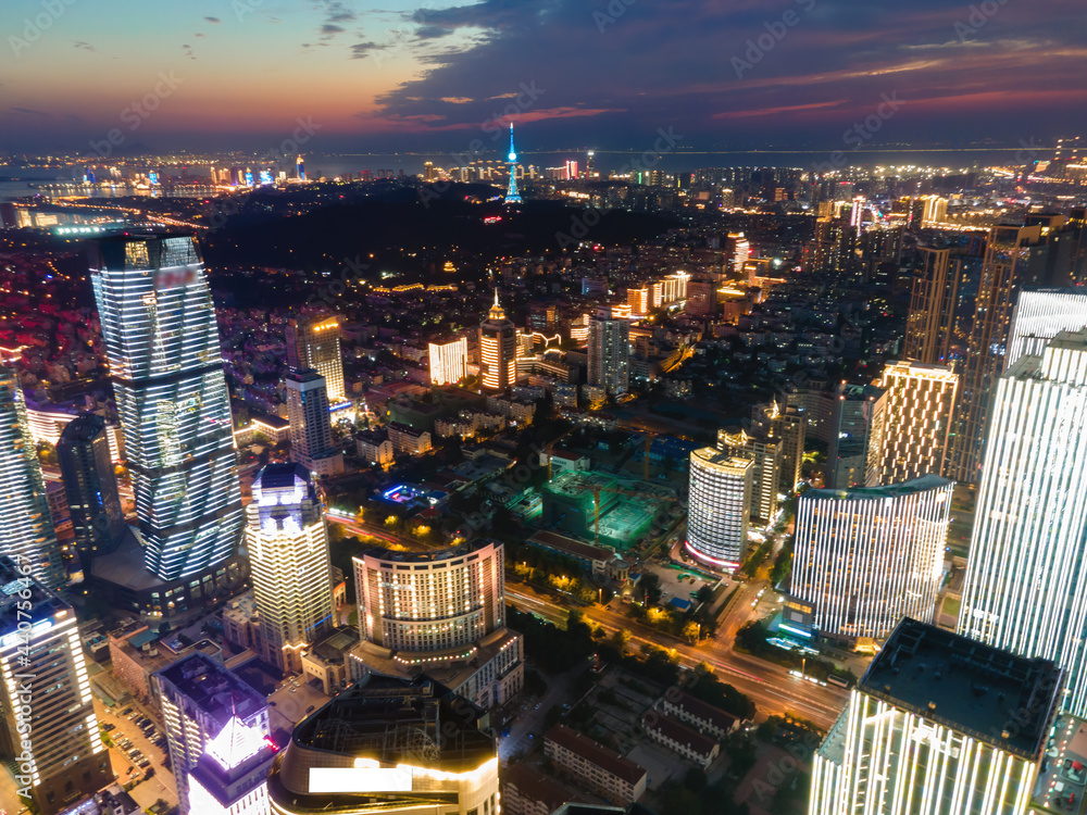 Naklejka premium Aerial photography of Qingdao city coastline architectural landscape night view