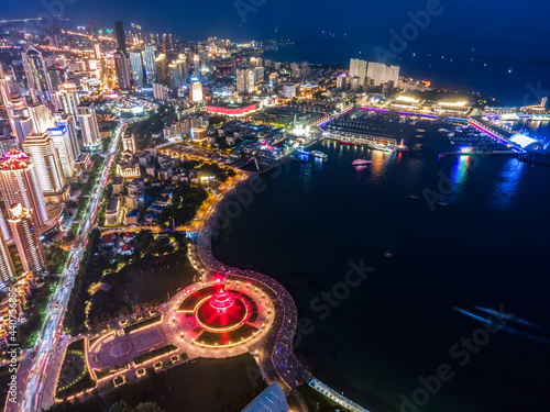 Aerial photography of Qingdao city coastline architectural landscape night view photo