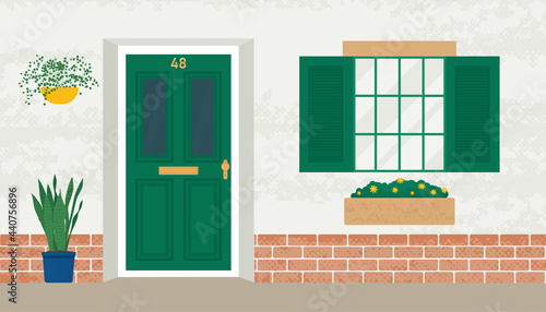Front wooden door and window. Home old exterior in with flowers in pots. Dwelling house facade. Flat design vector illustration