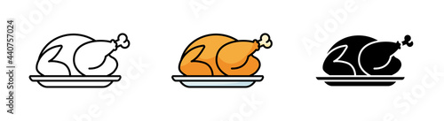 Simple icons of baked bird on platter. Outline, colorful and glyph vector illustration