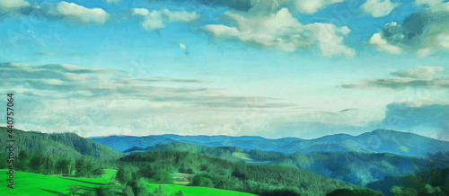 View of the forests and mountains. Clouds in the sky. Artistic work