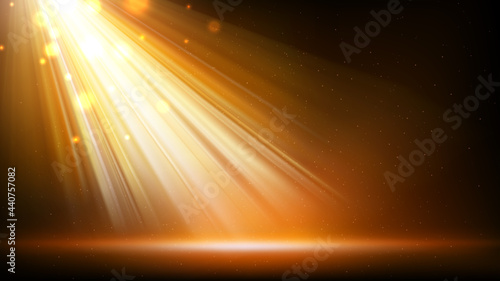 Gold spotlight background. Illuminated golden stage. Background for displaying products. Bright beams of spotlights, shimmering glittering particles, a spot of light. Vector illustration