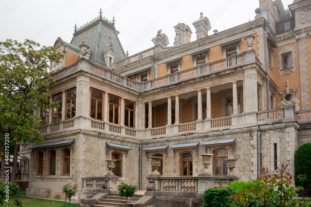 Fototapeta premium Palace in the fog, medieval palace, Massandra, Crimea, old palace.