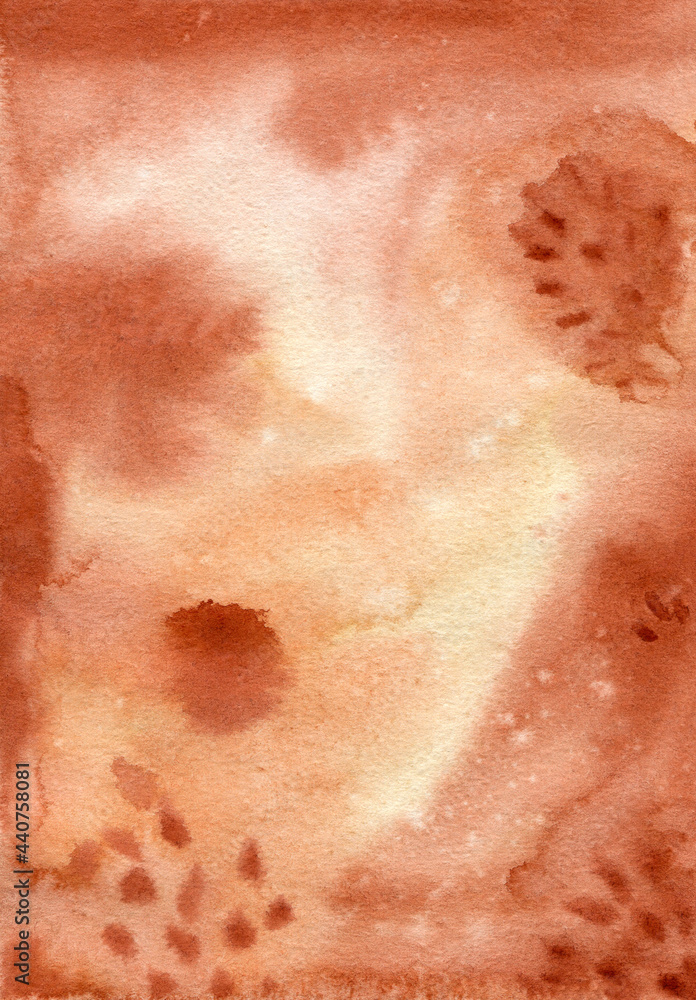 Fototapeta premium Abstract watercolor background. Hand drawn illistration in warm colors of terracotta. Perfect for wall arts, invitations, social media templates. Wet watercolor effect in boho style.