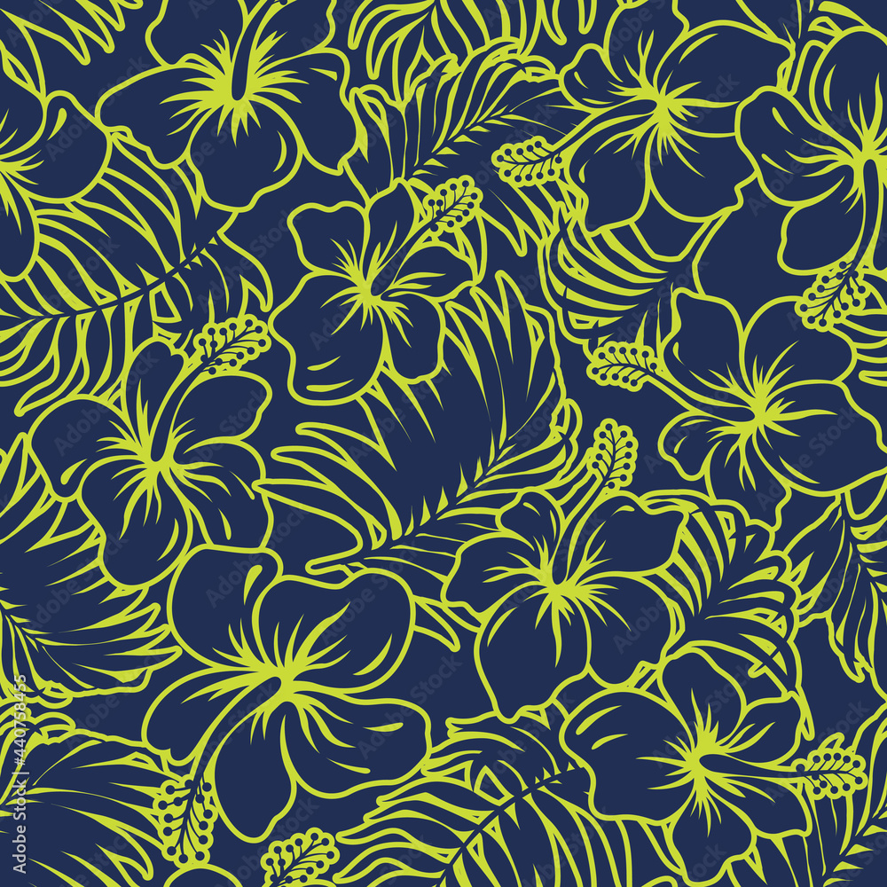 Hibiscus flowers and tropical leaves fabric vector seamless pattern Hibiscus flowers and tropical leaves fabric vector seamless pattern