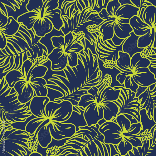 Hibiscus flowers and tropical leaves fabric  vector seamless pattern 