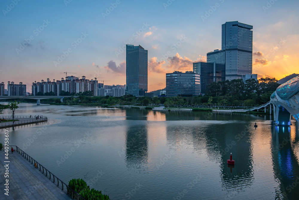 Architectural scenery on the bank of the Jiaomen River in Nansha District, Guangzhou