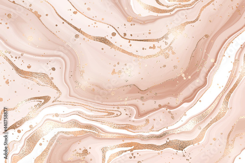 Abstract dusty rose liquid marble or watercolor background with glitter foil textured stripes. Pastel marbled alcohol ink drawing effect. Vector illustration design template for wedding invitation