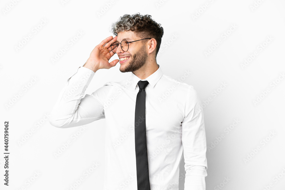 Business caucasian man isolated on white background has realized something and intending the solution Business caucasian man isolated on white background has realized something and intending the solution
