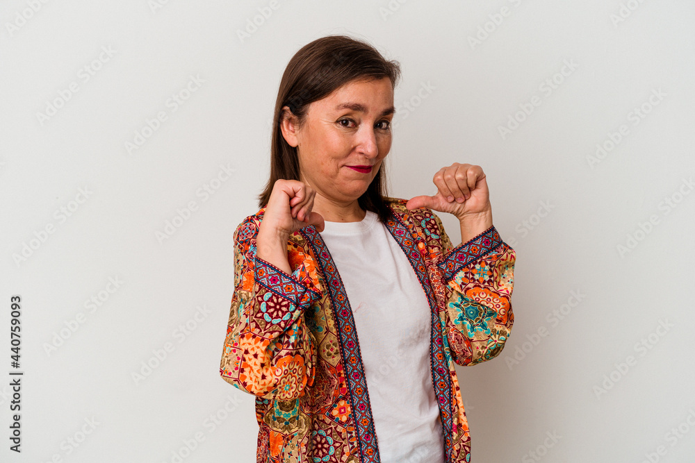 Middle age caucasian woman isolated on white background feels proud and self confident, example to follow.