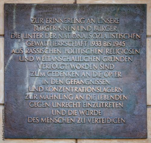 BIELEFELD, GERMANY. JUNE 12, 2021. Memorial signboard with text In Memory of our burger interior and burger under the nazi violence 