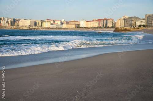 In the foreground Riazor beach and in the background Orzan beach. A Coruna  Galicia  Spain