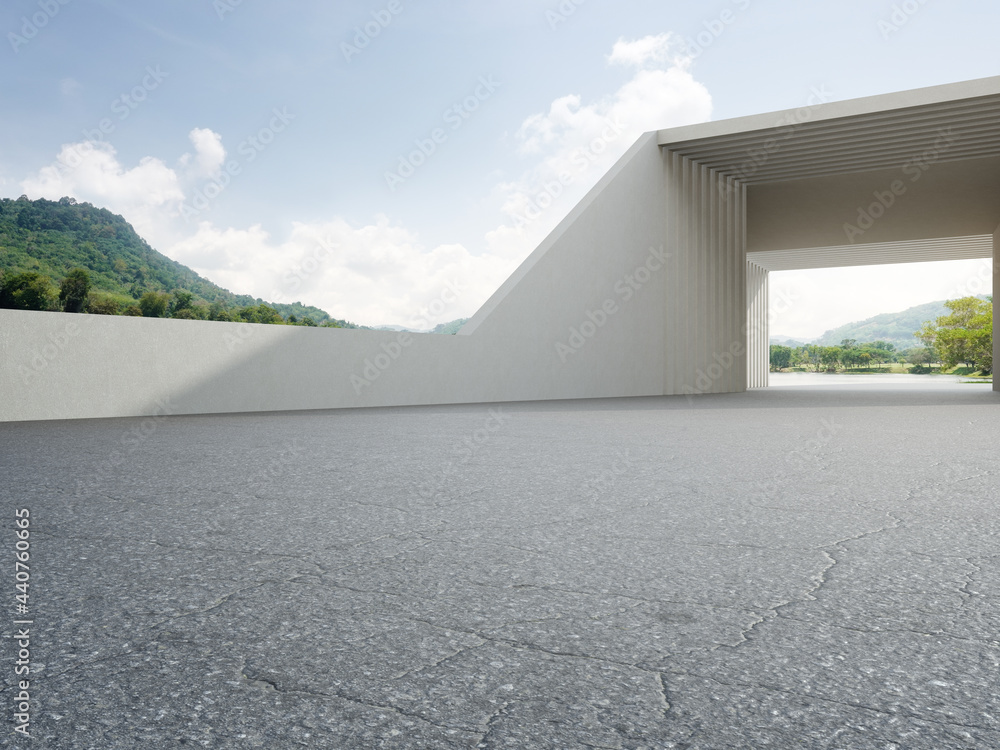 Fototapeta premium Abstract architecture design of modern building. Empty parking area floor and concrete wall with mountain and blue sky lake view. 3D rendering background for car scene.