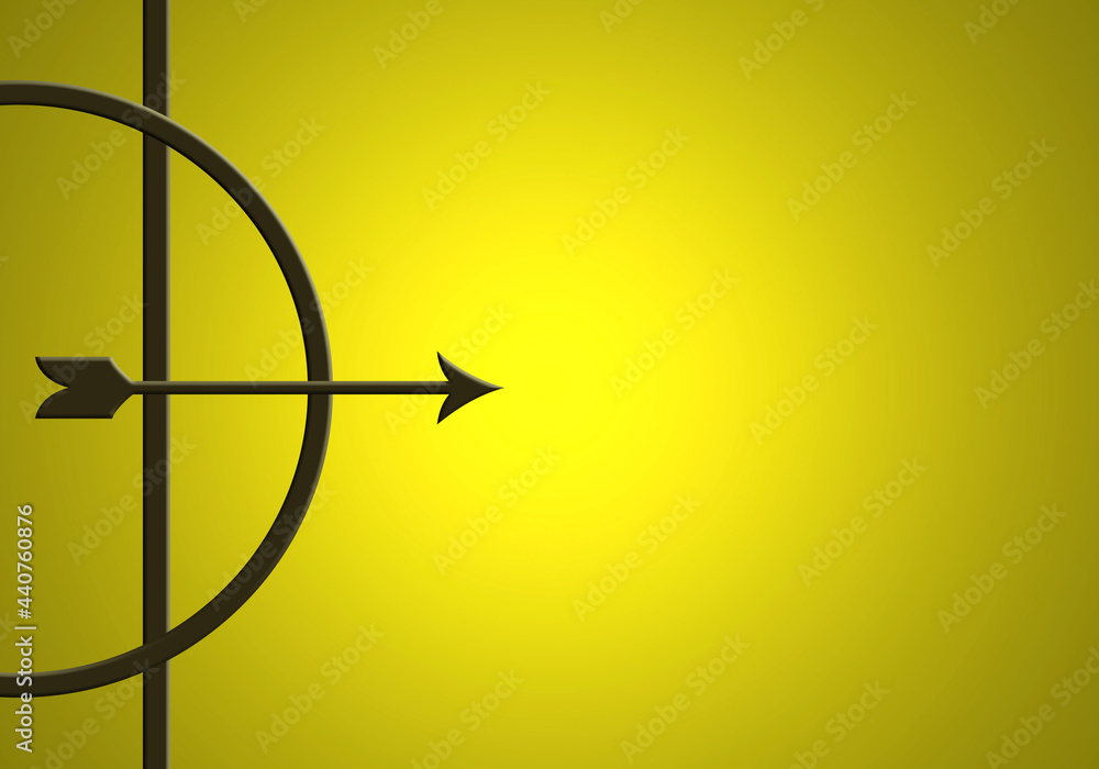 Fondo para escribir texto. Arco, flecha sobre fondo amarillo iluminado. - obrazy, fototapety, plakaty 