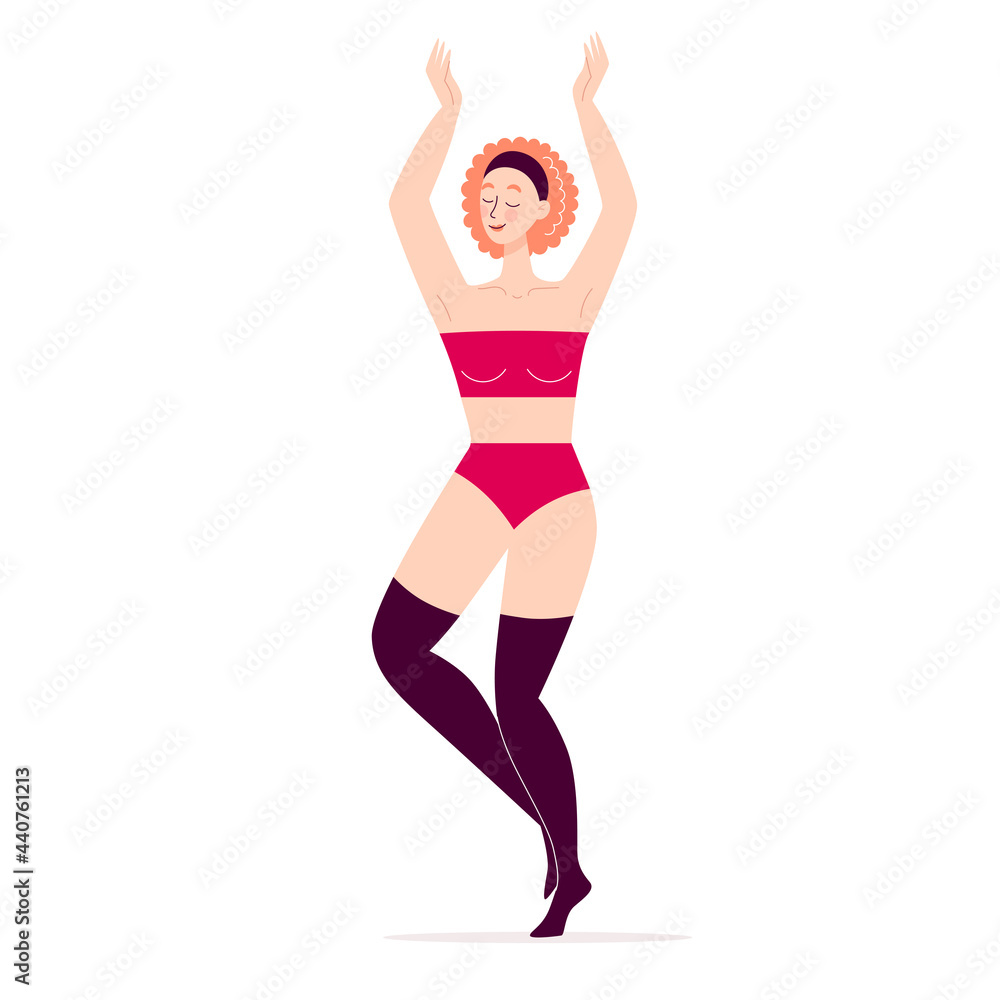Dancing happy young woman. Disco, sports activity, fitness, movement. Love to yourself and your body. Illustration in flat style isolated on white background Dancing happy young woman. Disco, sports activity, fitness, movement. Love to yourself and your body. Illustration in flat style isolated on white background