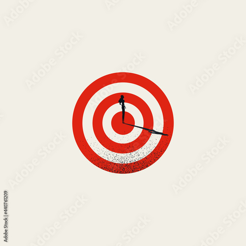Business woman success and hitting target vector concept. Symbol of completing objective, achievment.