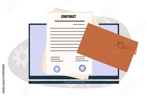 Electronic contract with a smart, digital, signature. Concept for approving and signing an online agreement or partnership deal with secure transactions. Verified certificate in the workplace. Vector