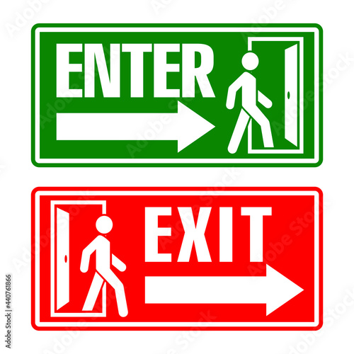 Man enters and exits the room through the door. Horizontal Entry and exit sign with arrow. Vector photo