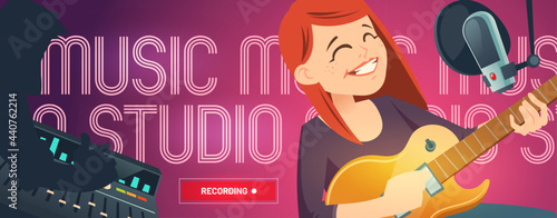 Recording studio cartoon web banner, singer woman with guitar sing in music booth with microphone and engineer capturing, mixing and mastering samples on sound recorder board, vector illustration