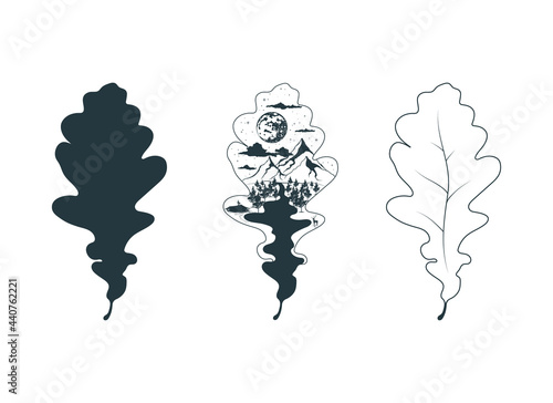 Set of oak leaf silhouette, outline and mystical design. Celestial leaves with mountain, clouds, moon and forest.