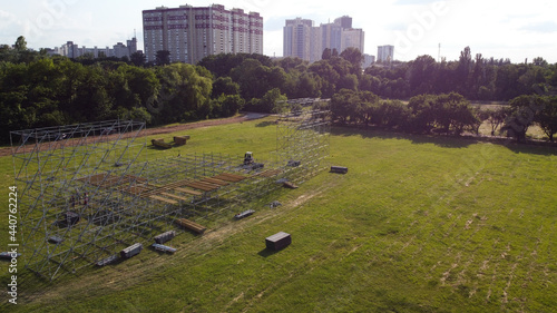 installation of a stage for a concert in the park. Aerial view