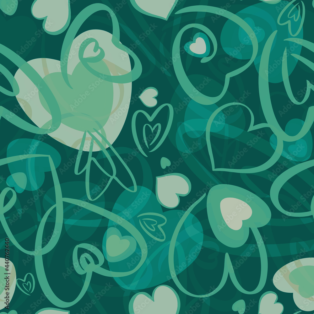 Valentines seamless pattern with hearts on green background