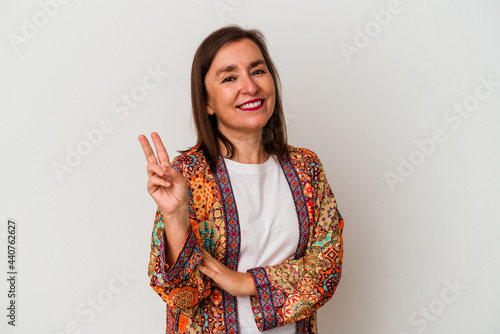 Middle age caucasian woman isolated on white background showing number two with fingers.