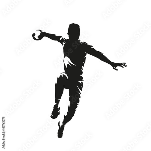 Handball player throwing ball, front view. Isolated vector silhouette