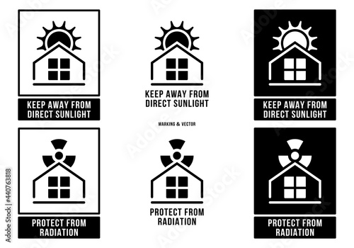 A set of manipulation symbols for packaging products and goods. Marking - Protect from radiation. Marking - Keep away from direct sunlight. Vector elements.