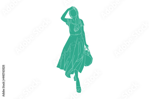 Vector illustration of woman wearing the dress and looks girly, Flat style with outline
