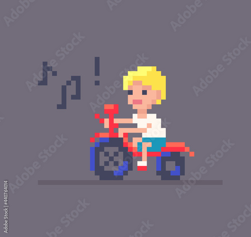 The boy is riding a bicycle. Vector illustration in pixel art style.