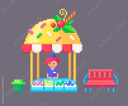 Ice cream shop building in pixel art style.
