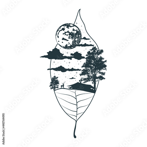Mystical elm leaf. Celestial icon with mountain, clouds, moon, river and forest. Magic tattoo concept.