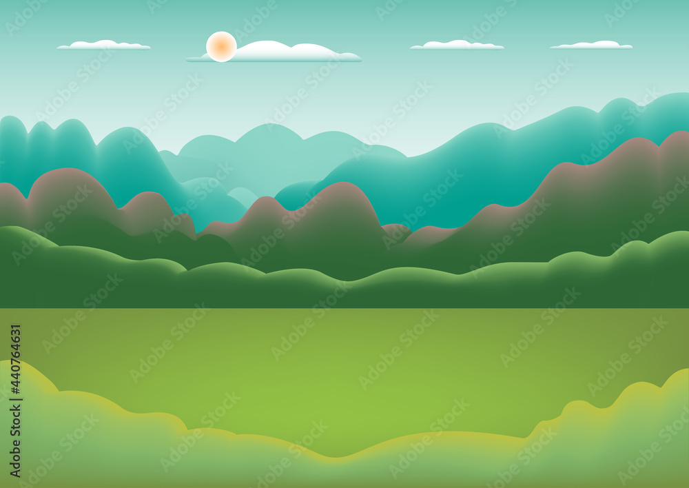 Hills, mountains landscape in flat style design. Beautiful field, sky, cloud and sun. Rural location with valley forest, trees. Blue green gradient pastel color. Cartoon background vector illustration Hills, mountains landscape in flat style design. Beautiful field, sky, cloud and sun. Rural location with valley forest, trees. Blue green gradient pastel color. Cartoon background vector illustration