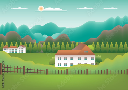 Landscape village, mountains, hills, trees, forest. Rural valley Farm countryside with house, building, fence in flat style design. Green blue gradient colors. Cartoon background vector illustration