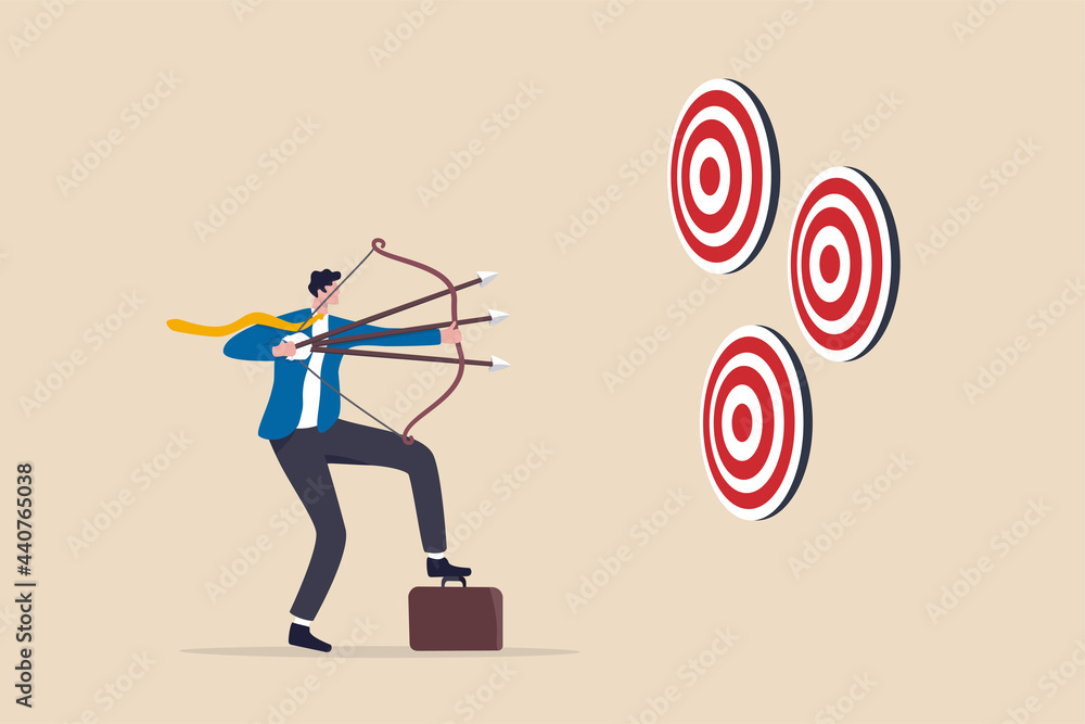 Multitasking or multiple purpose strategy, aiming for many targets or goal, skillful professional to achieve success in work and career concept, businessman aiming multiple bows on three targets. Multitasking or multiple purpose strategy, aiming for many targets or goal, skillful professional to achieve success in work and career concept, businessman aiming multiple bows on three targets.