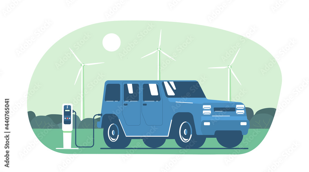 Obraz premium Electric SUV car on the background of an abstract landscape and wind turbines. Vector flat style illustration.