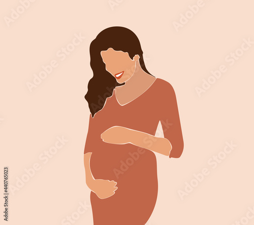 Abstract Graphic Bundle, modern art about pregnancy and motherhood - mother concept. Poster with a beautiful young pregnant woman with long hair.