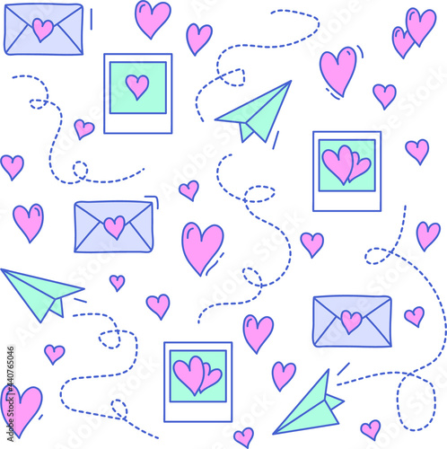Cute pattern with hearts, mail and plane.