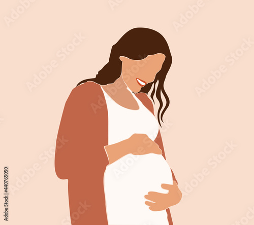 Abstract Graphic Bundle, modern art about pregnancy and motherhood - mother concept. Poster with a beautiful young pregnant woman with long hair.