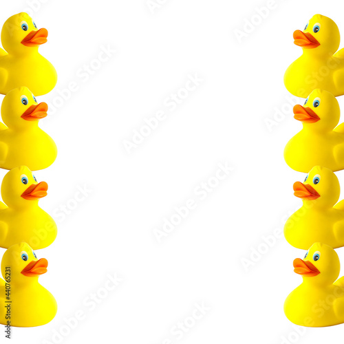 Toy rubber ducks isolated on white background. Background for text. Toy animal. Template for design and print