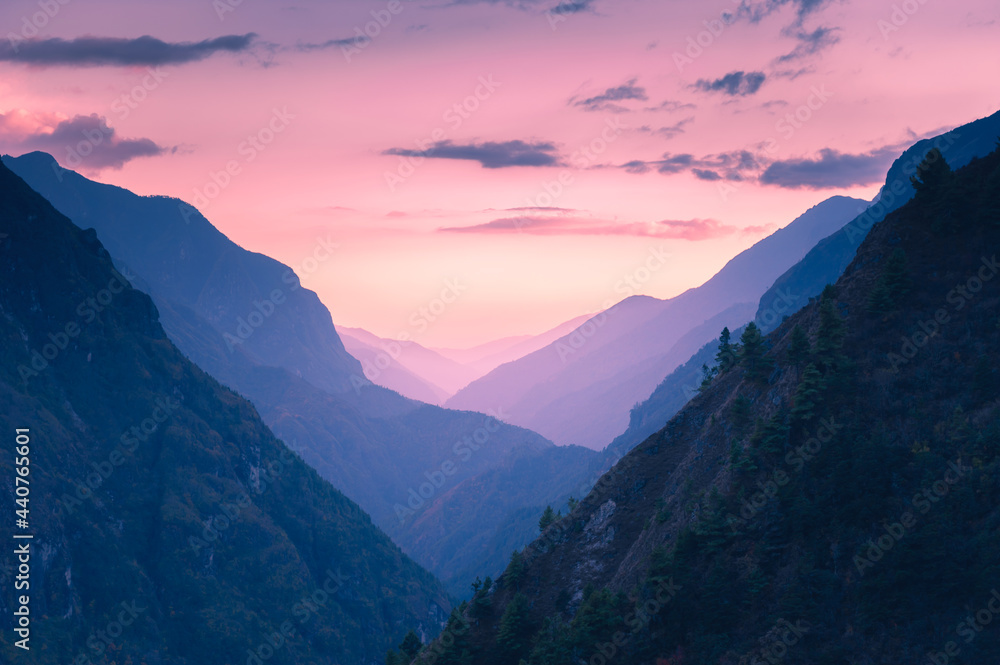 Beautiful sunset in Himalaya mountains, Nepal. Khumbu valley, Everest region, Sagarmatha national park