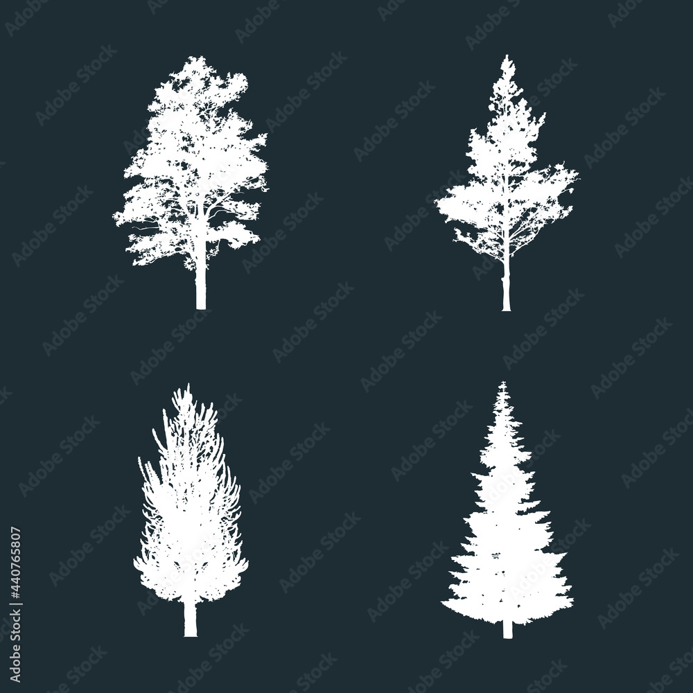 Vector isoleted forest trees silhouettes. Icons set of pine, fir, aspen, elm. 