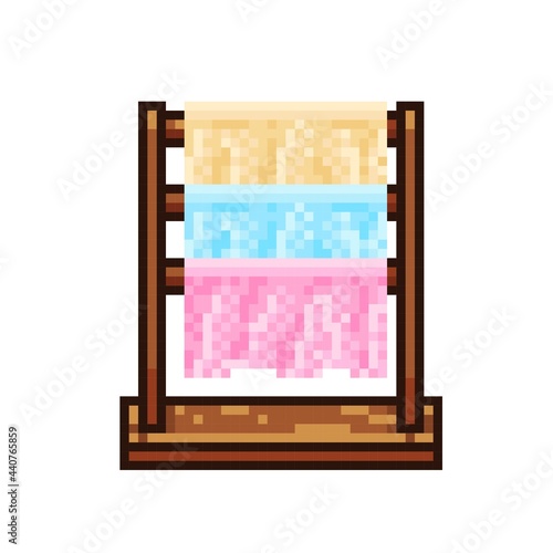 Clothes rack placed on the floor, pixel art. Wooden clothes rack pixel art. Towel rack pixel art. Clothes line. Vector illustration. Standing Towel Rack. Towel pixel art.