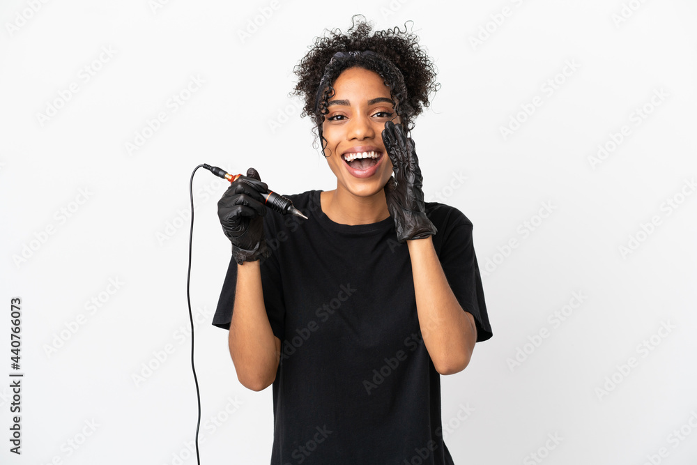 Tattoo artist latin woman isolated on white background shouting with mouth wide open Tattoo artist latin woman isolated on white background shouting with mouth wide open