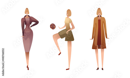 Slender Female Standing and Playing Ball Vector Set