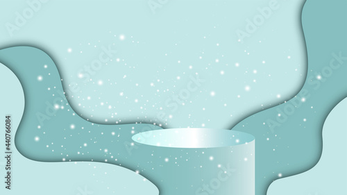 Vector. Realistic podium, pedestal, stand, round shape award for 3D displays. The background is made in layers of azure with smooth geometric shapes, magic light. The paper is cut.
